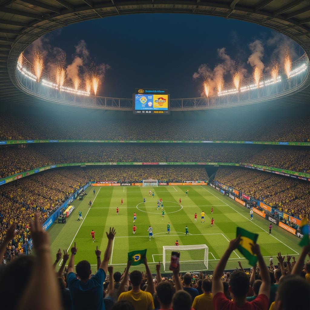 Uma cena vibrante no estádio de futebol brasileiro em 2025, com torcedores entusiasmados em trajes coloridos, bandeiras agitadas e fogos de artifício, enquanto duas equipes competem intensamente em campo, refletindo a paixão nacional pelo esporte.