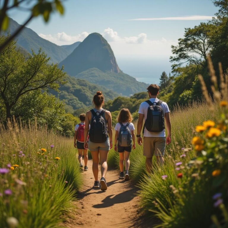 Um grupo diversificado de hikers, incluindo uma família com crianças, desfruta de um dia ensolarado em uma trilha para iniciantes no Rio de Janeiro, cercados pela vegetação exuberante da Mata Atlântica e com a icônica Pedra da Gávea ao fundo sob um céu azul claro.