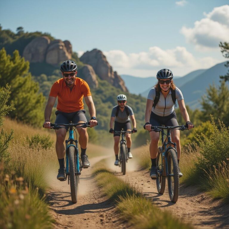 Um grupo diversificado de ciclistas experimentando diferentes bicicletas em um cenário ao ar livre, com um ciclista em uma mountain bike em terreno rochoso e outro em uma road bike em uma trilha pavimentada, cercados por paisagens verdes e colinas sob um céu azul.