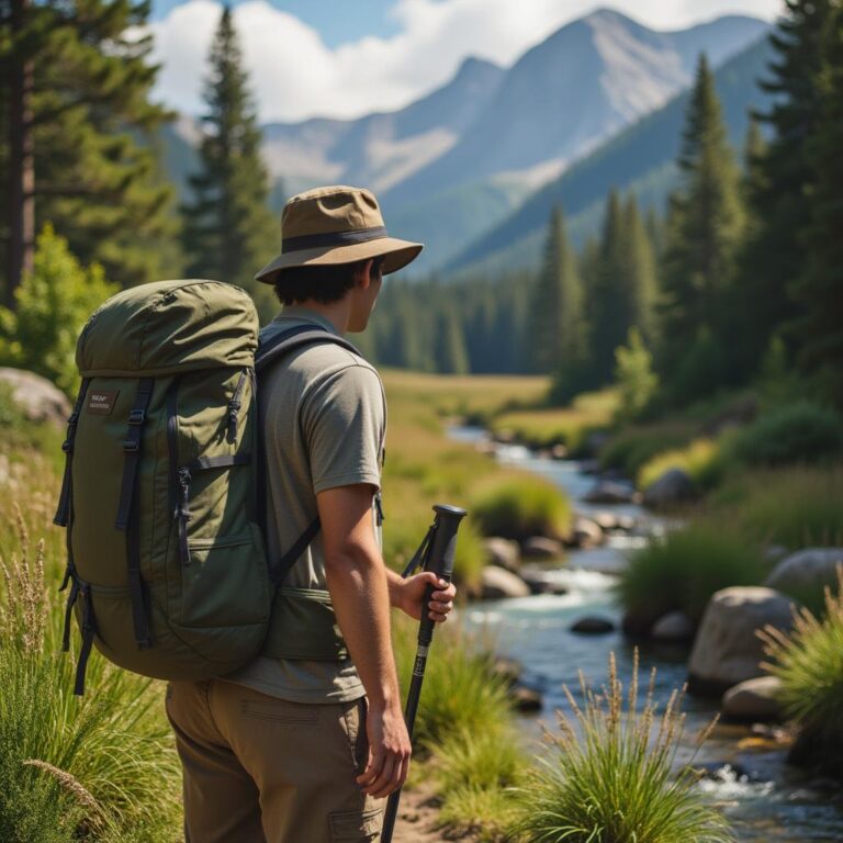 Um hiker asiático de meia-idade ajusta sua mochila de hiking robusta e espaçosa em uma paisagem serena de floresta verdejante, com montanhas ao fundo, um riacho claro ao lado e equipamentos de trekking visíveis ao redor, em um dia ensolarado.