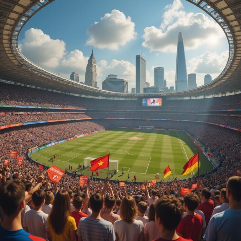 Uma cena vibrante de um grande evento esportivo em um estádio urbano, com torcedores animados acenando bandeiras, barracas de comida servindo delícias locais e prédios icônicos ao fundo, todos refletindo o entusiasmo e o impacto positivo de eventos esportivos nas comunidades.