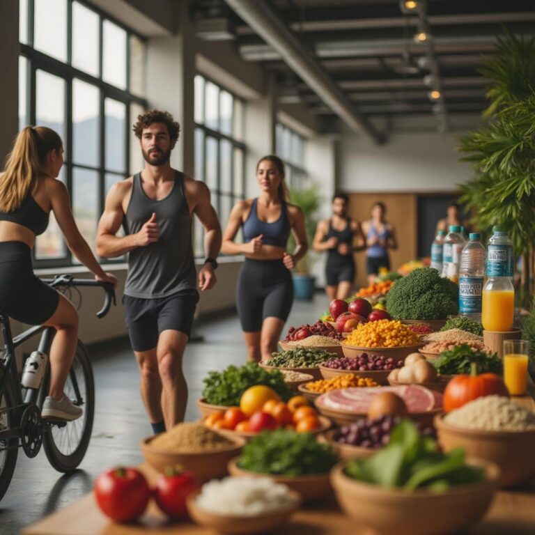 Um grupo diversificado de atletas em uma moderna instalação de nutrição esportiva, com um corredor em movimento e uma ciclista pedalando intensamente, cercados por alimentos coloridos e nutritivos em uma mesa, em um ambiente iluminado e motivador que destaca a importância da nutrição e hidratação para o desempenho atlético.