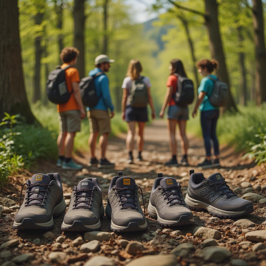 Um grupo diversificado de caminhantes experimenta e discute diferentes modelos de calçados de trilha de marcas como Columbia, Salomon e Adidas, em um ambiente de floresta verdejante com luz suave filtrando pelas folhas.