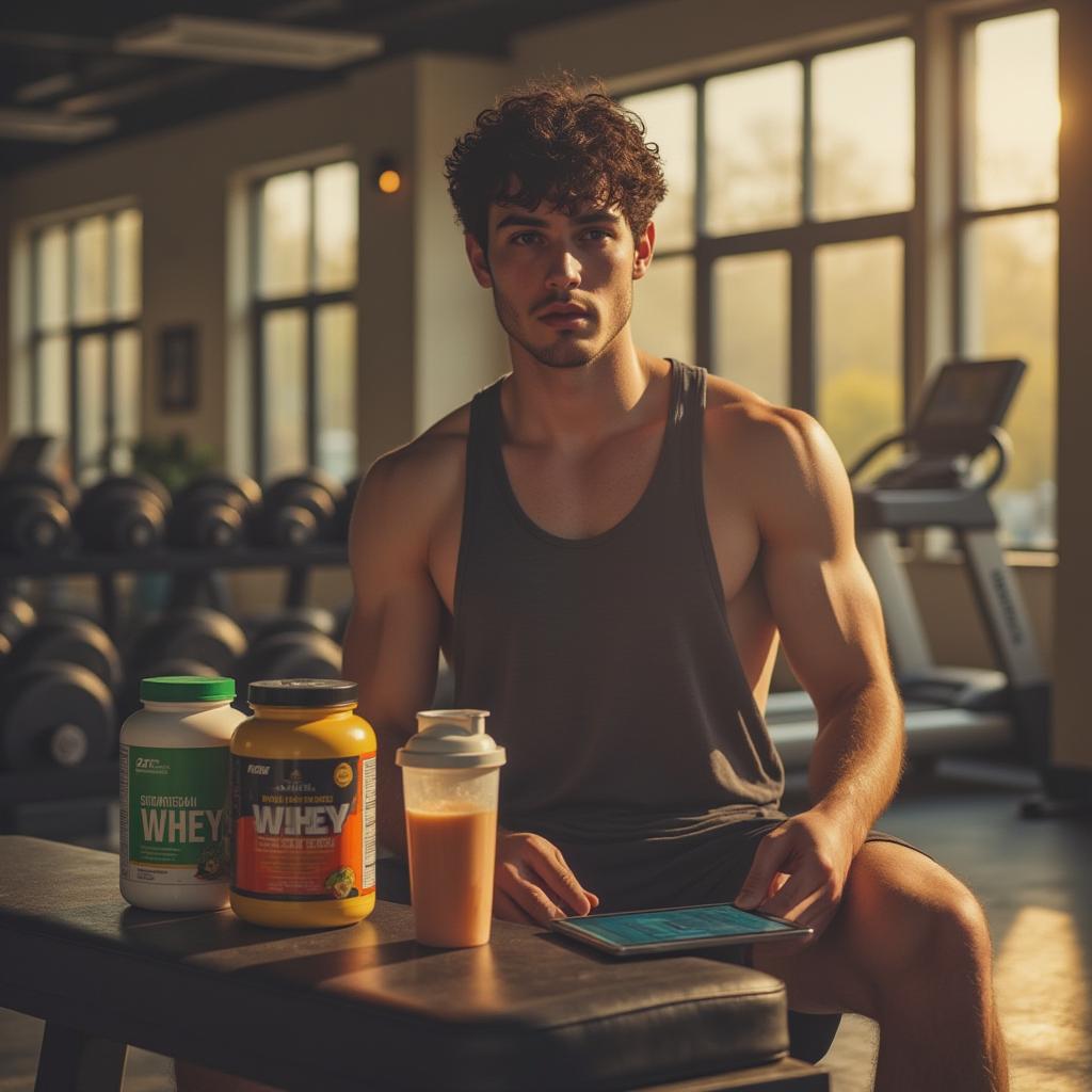 Um atleta iniciante, jovem e focado, estuda um frasco colorido de suplementos (whey protein e creatina) enquanto segura um shaker, em uma academia bem iluminada, com equipamentos modernos ao fundo e um tablet exibindo um plano nutricional ao lado, tudo isso em um ambiente motivador e energético para práticas de fitness.