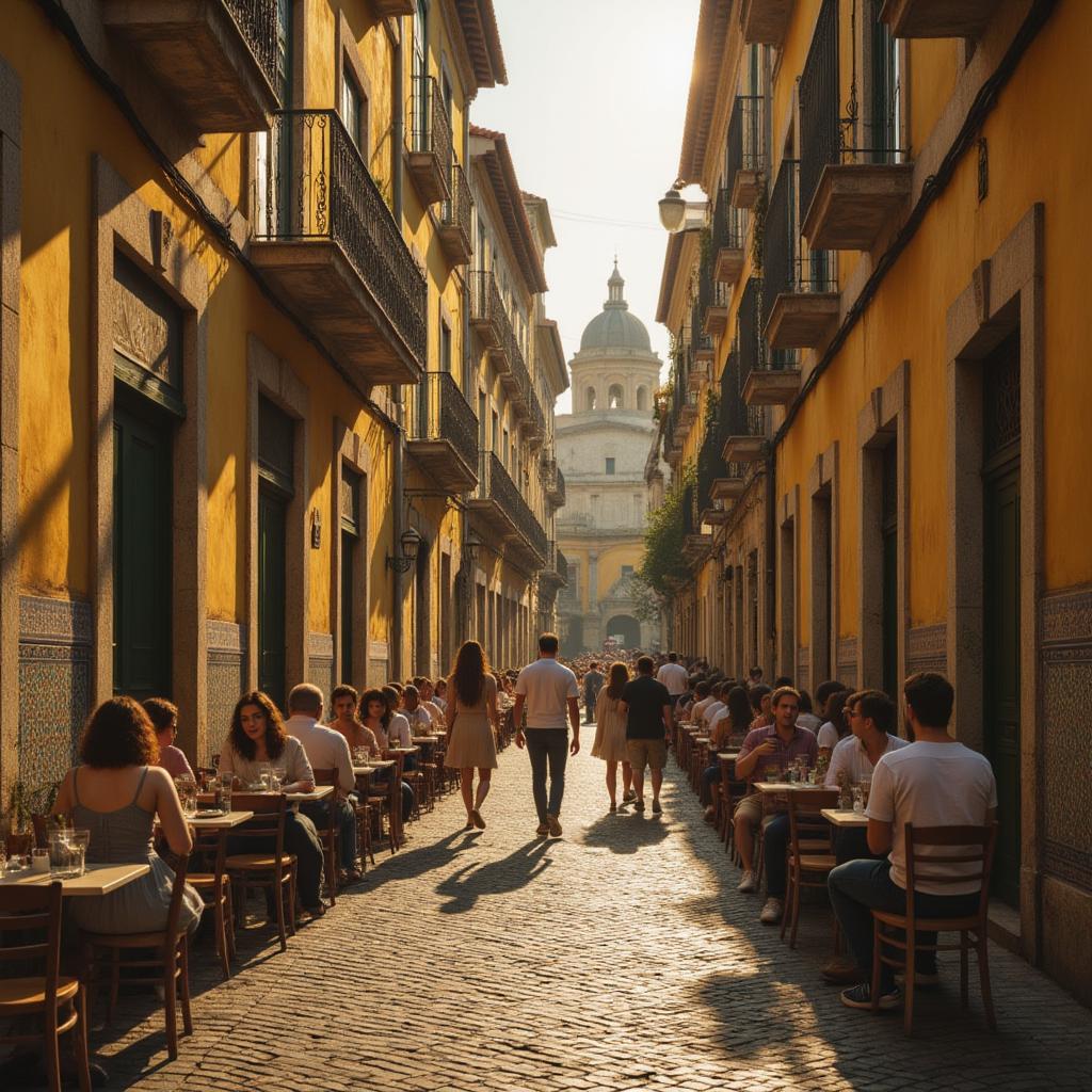 Uma cena vibrante do bairro histórico de Alfama em Lisboa, com ruas de paralelepípedos, edifícios coloridos decorados com azulejos, e uma animada cafeteria ao ar livre onde locais desfrutam de pratos típicos enquanto escutam uma apresentação de fado, tudo sob a luz dourada do final da tarde.