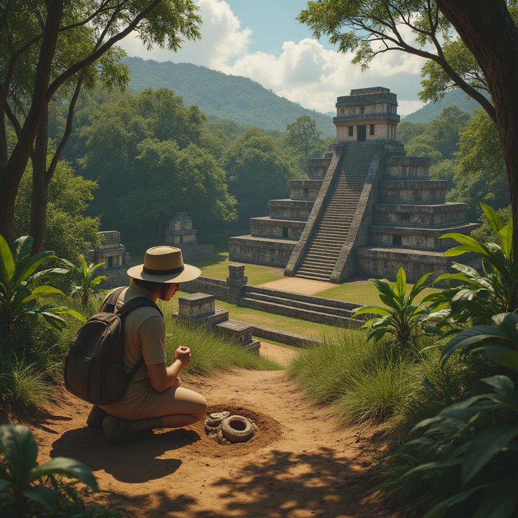 Um arqueólogo em um sítio arqueológico na floresta amazônica, desenterrando um artefato entre estruturas de terra e pedra parcialmente cobertas pela vegetação, enquanto a luz do sol filtra pelas árvores, revelando uma atmosfera de mistério e descoberta.