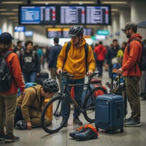 Um movimentado check-in de aeroporto exibindo diversos viajantes, incluindo um ciclista embalando sua bicicleta, um esquiador organizando seu equipamento e um golfista colocando tacos em uma bolsa, tudo em meio a uma atmosfera vibrante com luz brilhante e detalhes de equipamentos esportivos e documentos de viagem.