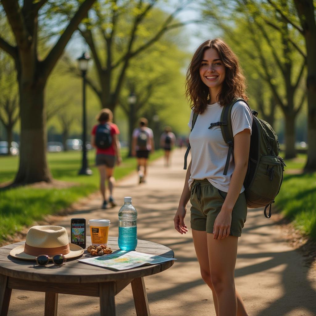 Uma mulher jovem em roupas de caminhada confortáveis e mochila ergonômica, ao lado de uma mesa com garrafa de água, lanches energéticos e mapa, enquanto desfruta de uma trilha em um parque urbano ensolarado, com árvores verdes e um céu azul ao fundo.