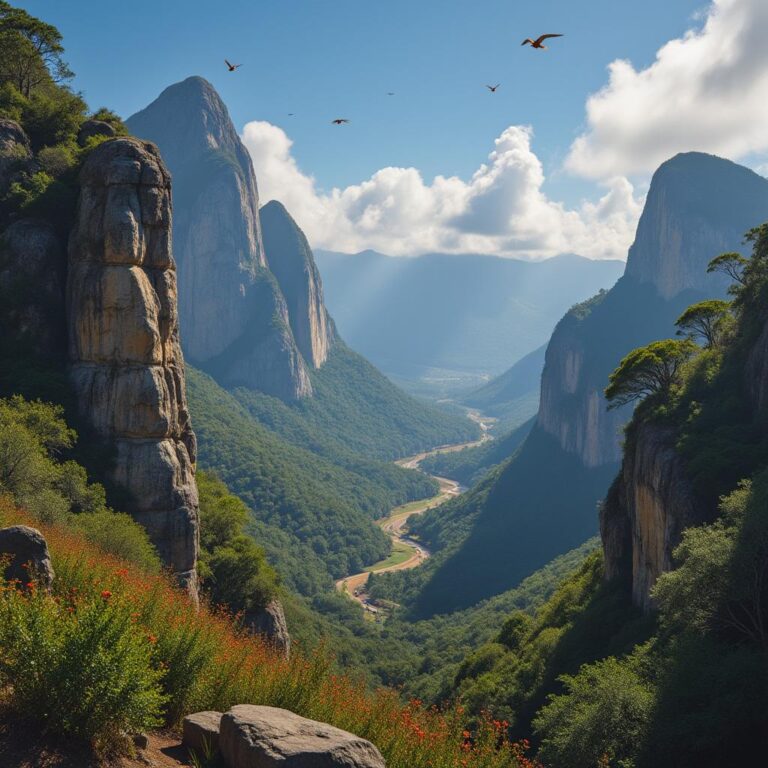 Um escalador subindo a rocha do Pico das Agulhas Negras, cercado por uma paisagem deslumbrante de montanhas e vegetação vibrante no Parque Nacional do Itatiaia, sob um céu azul claro.