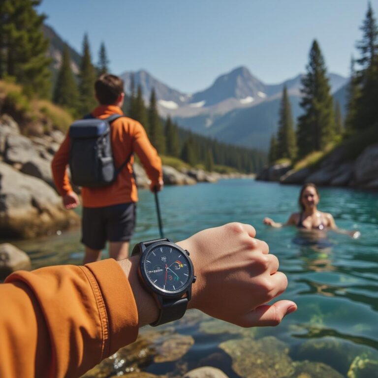 Diversas pessoas usando smartwatches Samsung Galaxy Watch 5 Pro e Apple Watch Ultra 2 durante atividades ao ar livre, como hiking em trilhas rochosas e nadando em um lago, sob um céu azul claro e radiante.